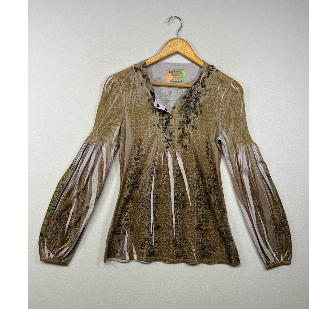 Fairycore Butterfly Dropout Womens XS Tan Floral Damask Graphic Henley Top